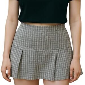 🍒 21 Saints Gingham Mini Skirt Size Medium Nude and Beige Pull On Elastic Waist